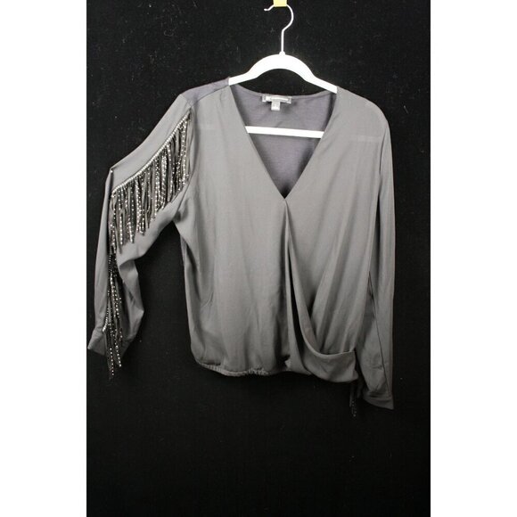 INC International Concepts Women's Fringe Sleeve V-Neck Blouse L Black - Picture 1 of 3